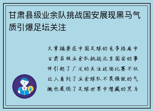 甘肃县级业余队挑战国安展现黑马气质引爆足坛关注